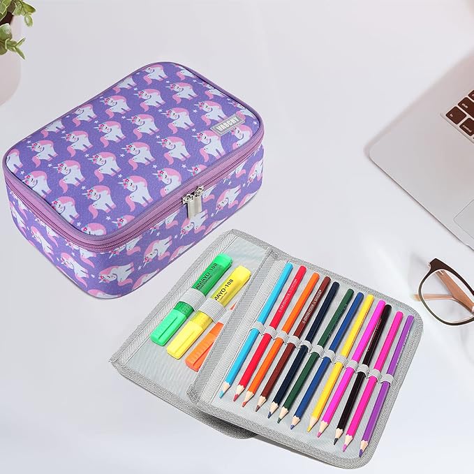 VASCHY Large Pencil Case, Art Color Pencils Pouch with Detachable Layers Multiple Zip Pockets for School Office Stationary Organization Purple Unicorn