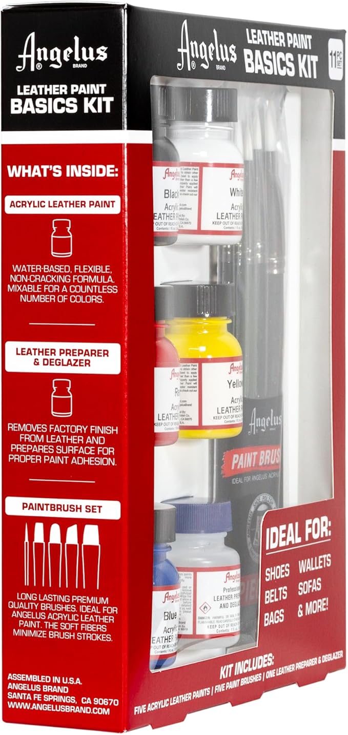 Angelus Leather Paint Basics Kit – Acrylic Leather Paint Set with 5 Colors (1 oz. each), Preparer & Deglazer and Paintbrushes