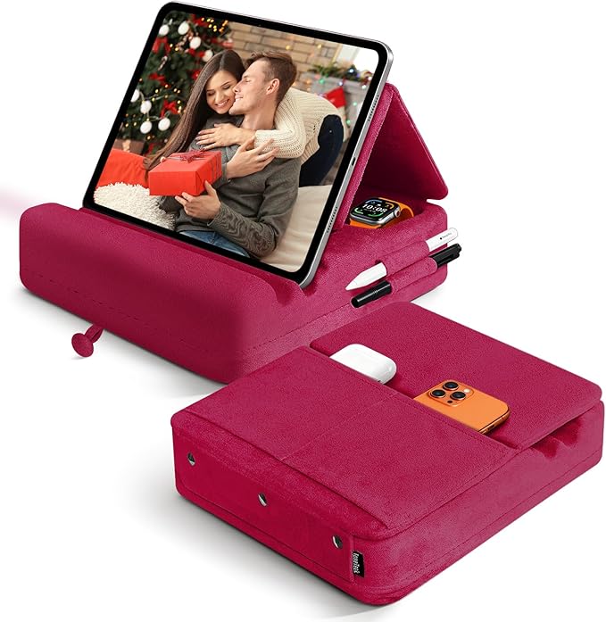 Tablet Pillow Stand with Storage, Foldable iPad Holder for Lep, Bed, Sofa, and Desk - Soft Pad Dock with Pocket and Stylus Mount Compatible with 4-13" iPad Pro/Air/Mini, Galaxy Tab, Kindle (Red)