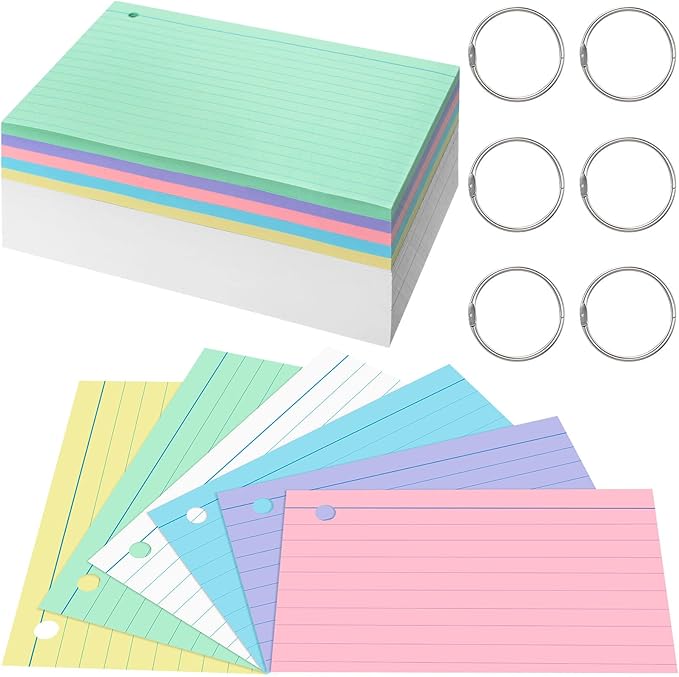 Epakh 300 Pieces Lined Index Cards 180 GSM Thick Flash Cards with Rings Notecards Punched Back to School for Studying Adults Home College Office(5 x 8 Inch,Light Color)