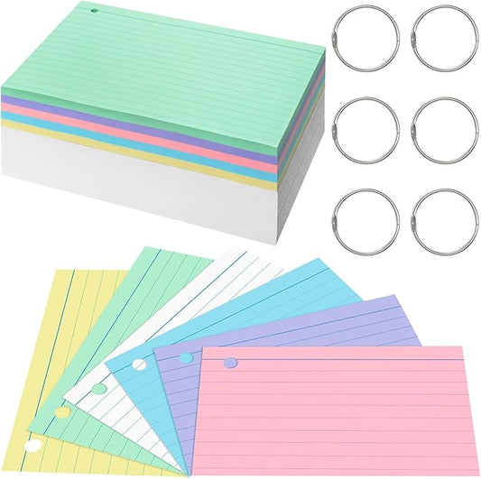 Epakh 300 Pieces Lined Index Cards 180 GSM Thick Flash Cards with Rings Notecards Punched Back to School for Studying Adults Home College Office(5 x 8 Inch,Light Color)