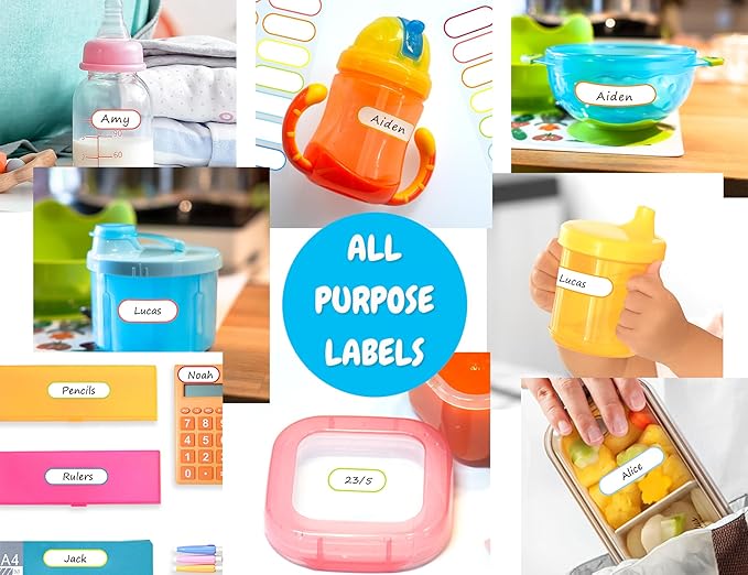 Baby Bottle Labels for Daycare, Self-Laminating, Waterproof Write-On Name Labels, Assorted Sizes & Colors, Pack of 80 (Rainbow)