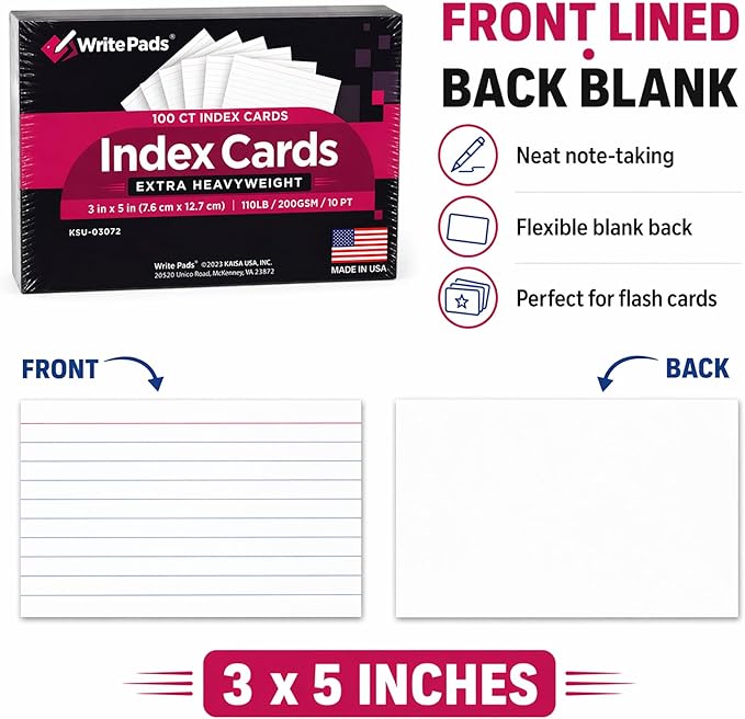 Heavyweight 3x5 Index Cards, Extra Thick Note Cards, Front Lined Back Blank Flash Cards, 110lb / 200gsm / 10pt Cardstock, 100 Sheets, Made in USA, for Studying, Classroom, Office Notes & Organization