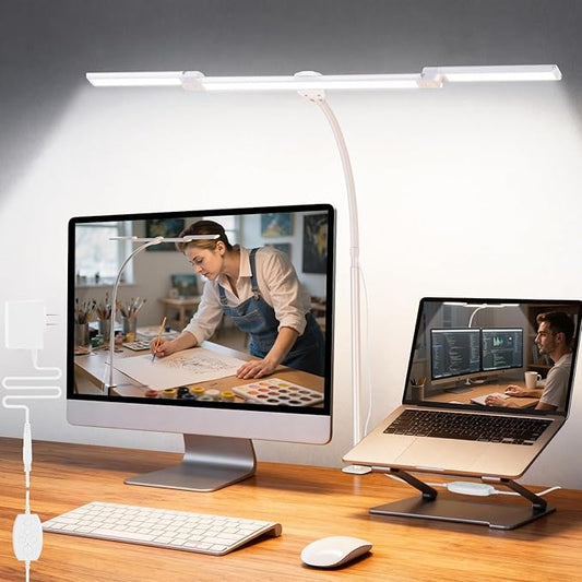 LED Desk Lamp for Office Home, 3 Light Bar Adjustable Desk Light with Clamp, Architect Table Lamp Computer Monitor Lighting, Stepless Dimming Eye-Caring Clip on Light for Workbench Reading Study White