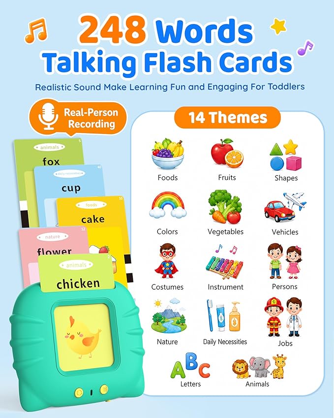 Aullsaty Talking Flash Cards for Toddlers 1-3, Upgraded 248 Sight Words Montessori Speech Therapy Toy, Autism Sensory Educational Learning Toys, Birthday Gifts for Boys Girls (Green)
