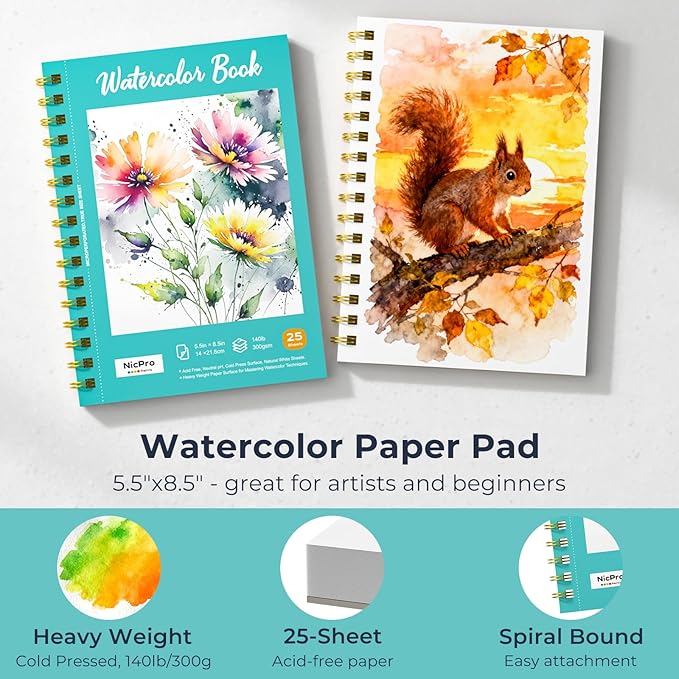 Nicpro Watercolor Paint Set for Adults, 36 Colors Watercolor Tube (12ml,0.4oz) with10 Paint Brushes, 25-Sheet Watercolor Paper Book, Palette, Water Color Painting Supplies for Artists Beginners Gift