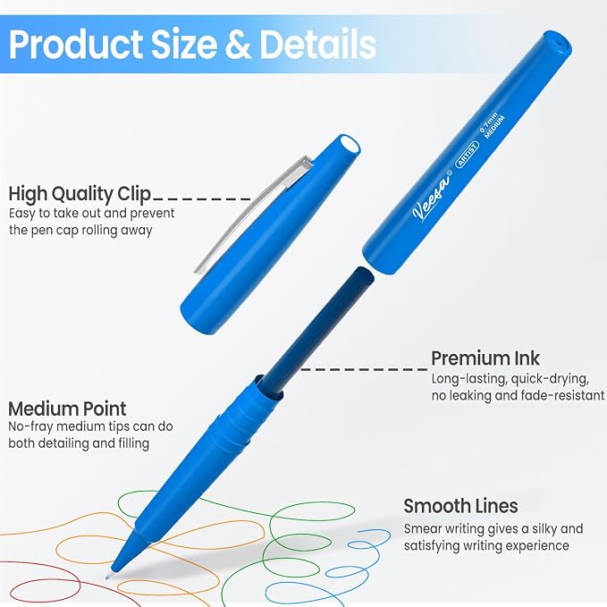 VEESA Felt Tip Pens 30 Colors, Medium Point (0.7mm), Smooth Writing