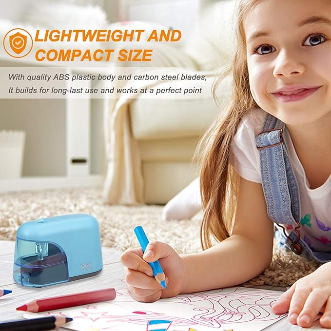 Eagle Electric Pencil Sharpener, Battery Powered Sharpener, LED Light Shinning During Sharpening, Portable, with Reusable and Replaceable Blade, Suitable for Kids, Ideal School Office Supplies(Blue)