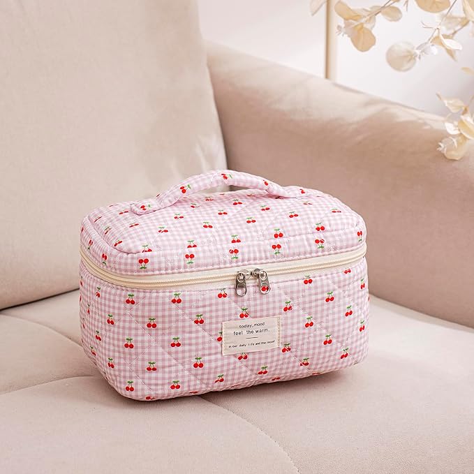 uekeboag Large Travel Quilted Makeup Bag for Women | Soft Floral Cotton Cosmetic Bag, Foldable Coquette Aesthetic Toiletry Organizer