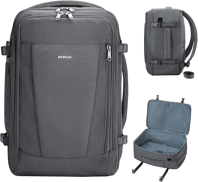 ECOHUB 17'' Travel Backpack, Personal Item Backpack with 13 Pockets, Flight Approved Carry on Backpack with USB Port & Luggage Sleeve, Travel bag for Men & Women, Water Resistant Backpack, Grey | 16.7"x10"x8" Small Backpack with 13 Pockets Water Resist...