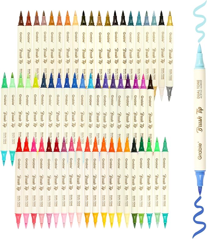 Grabie 120 Colors Acrylic Paint Markers, 60 Pack Dual Tip Soft Brush Acrylic Markers, Water-Based Paint Pens for Paper, Rock Painting, Wood, Canvas, Glass, Fabric, DIY Craft Art Supplies for All Ages