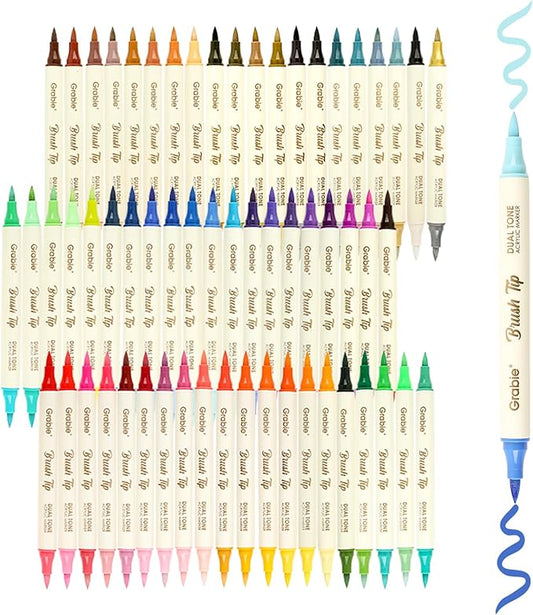 Grabie 120 Colors Acrylic Paint Markers, 60 Pack Dual Tip Soft Brush Acrylic Markers, Water-Based Paint Pens for Paper, Rock Painting, Wood, Canvas, Glass, Fabric, DIY Craft Art Supplies for All Ages
