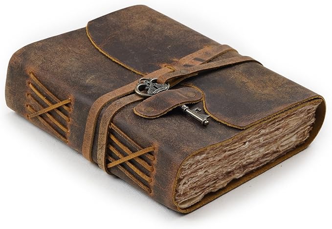 LEATHER VILLAGE Vintage Leather Journal – 200 Handmade Vintage Deckle Edge Paper – Leather bound Journal For Women Men – Vintage Key Closure - Book of Shadows - Cappuccino Brown - 13X8 inches