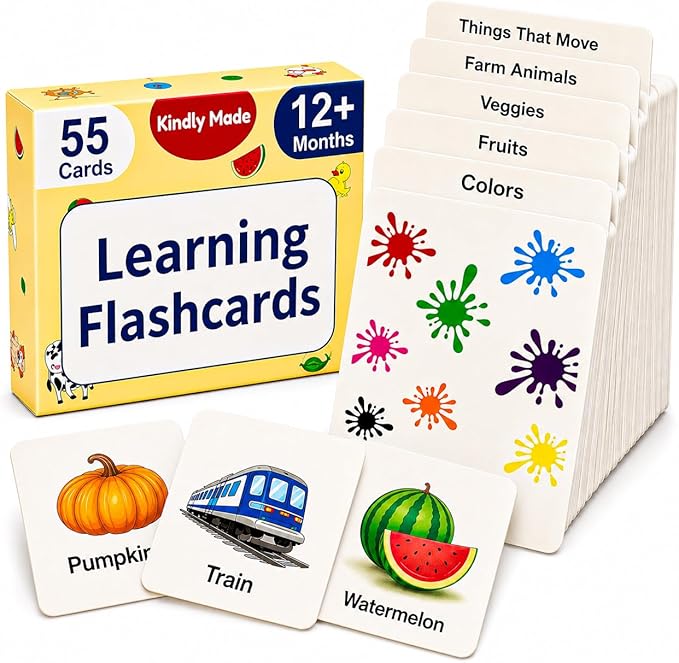 Flash Cards for Toddlers 1–3 – 55 Thick & Durable Learning Flashcards, First Words, Real-Life Images, Montessori Toy 12+ Months