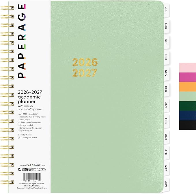 PAPERAGE Academic Planner, Weekly & Monthly Planner & Calendar, 12-Months, July 2026 - June 2027, (9.5" x 11"), School & Student Planning Agenda with Tabs, Bonus Pages & Inner Pocket, Sage Green