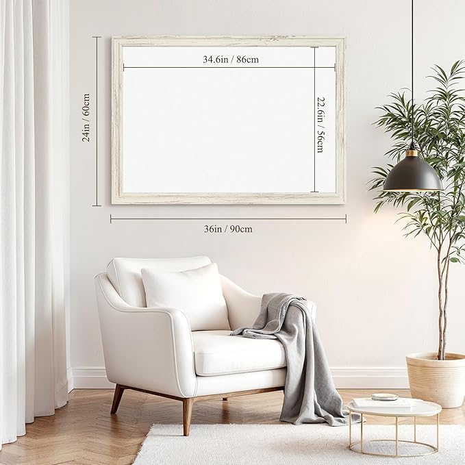 4 THOUGHT Dry Erase Board, 36 x 24 in Magnetic Whiteboard White Vintage Wood Frame Wall-Mounted White Board Decorative Notice Board for School, Office, Home, 8 Magnets 4 Markers 1 Eraser