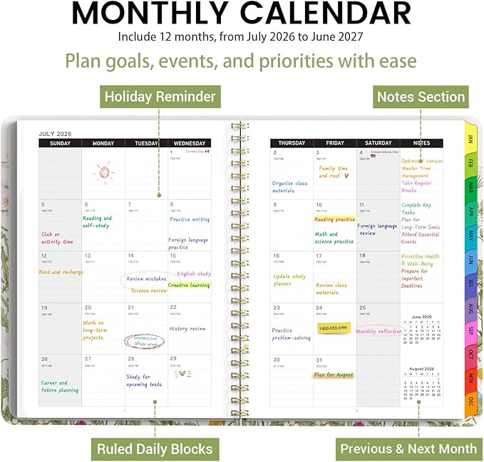 Academic Planner 2026–2027, Weekly & Monthly Calendar Planner, July 2026 – July 2027, Hardcover A5 (6.3" x 8.5") Agenda with Tabs, School Planner for Students & Teachers, Garden Flowers