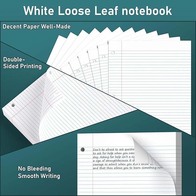6 Pack Loose Leaf Paper, 120 Sheets Notebook Lined Pads, 8 x 10.5 College Ruled Filler Paper, 3-Hole Punched, White Loose Leaf Notebook Paper for 3 Ring Binders, for Home & Office, School Supplies