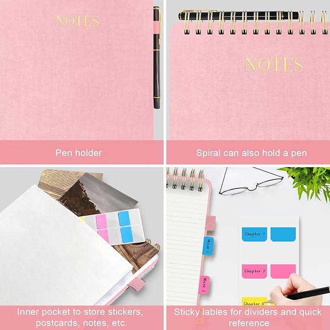 Aesthetic Top Spiral Notebook, A4 Large Linen Hardcover Top Bound Steno Pads, 240 Pages 100gsm Thick Lined Paper Left Handed Notebook Journal for Work, School, Church Writing - Pink, 8.5" x 11"