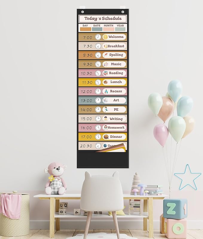 15+1 Pockets Daily Schedule Pocket Chart, Classroom Visual Schedule for Kids with 24 Double Sided Reusable Cards, Classroom Pocket Chart for Office Home Preschool Daily Use, Boho Black