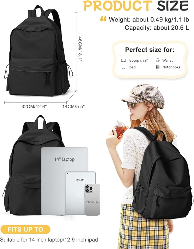 SEAFEW Black Backpack for School Women Girls, Waterproof Bookbag Cute High School Backpack for Men Teen Boys, Lightweight Travel College Back Pack Mochilas Escolares para Casual Daypack Rucksack