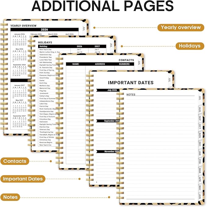 Planner 2026-2027, Academic Year Monthly and Weekly Calendar Planner, Jul 2026 - Jun 2027, Hardcover Teacher Student Planning Agenda book with Tabs, Perfect for School Office Supplies, 8.5" x 11" - Leopard