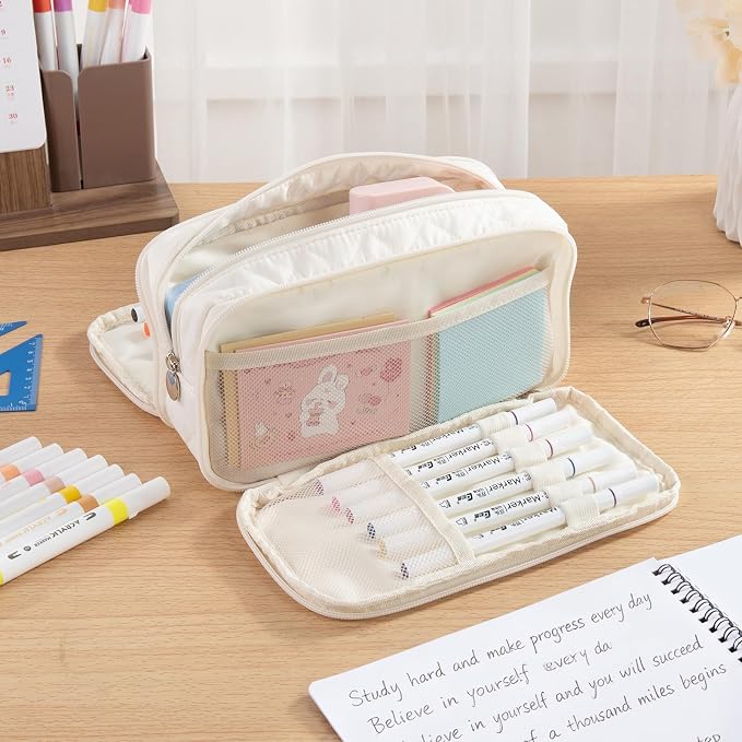 Cute Pencil Case for Girls kids Soft Quilted Pencil Pouch Bag Organizer | With 3 Compartments,Big Capacity Marker Crayon Storage Bag Large Double Zipper Art Bag For Kids School College Boys Women