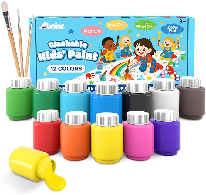 ABEIER Washable Kids Paint, Safe Non-Toxic Finger Paint, 12 Vibrant Colors(2 fl oz) with 3 Paint Brushes, Mess-Free Arts & Crafts Supplies for Toddlers & Grandkids, Ages 3, 4, 5
