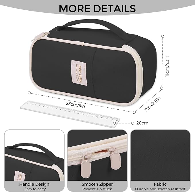 SKYDUE Black Pencil Case for Girls & Boys – Large Capacity Zippered Pencil Pouch with Multi-Compartment, Aesthetic Pencil Bag for School & Office Supplies