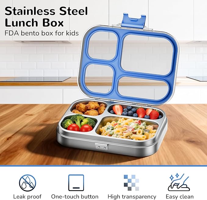 G.a HOMEFAVOR Stainless Steel Lunch Box - 4 Compartments Bento Box for Kids, Leakproof Food Container for School, Office, Dishwasher Safe, BPA-Free, 800 ml/27 oz, Dark Blue