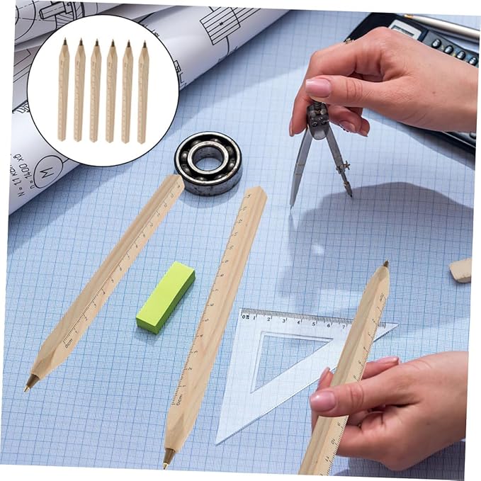 Luxshiny 6pcs Natural Biodegradable Wood Ballpoint Pens with Printed Ruler, Black Ink Carpenter Drafting Pens for Office, School, and Construction Use