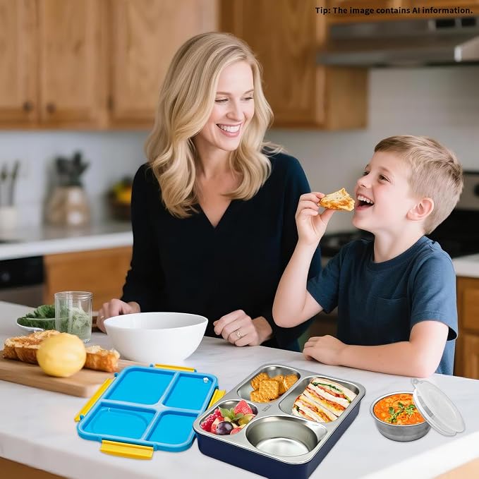 Kids Stainless Steel Lunch Box,304 Stainless Toddler Leak-Resistant Insulated Metal Bento Box,Suitable Schools,Office,Use Comes With An Independent Soup Cup,Tableware,4 Compartments (Blue)