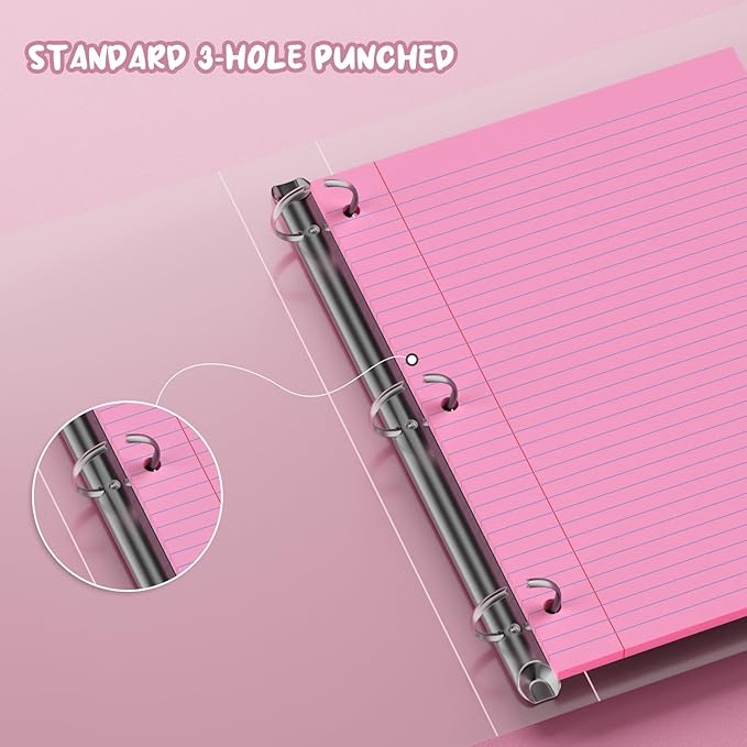 Pink Loose Leaf Paper 8 x 10.5, 120 Sheets Lined Paper College Ruled Paper, 3 Hole Punched Notebook Paper College Ruled, 3 Ring Binder Paper 8 x 10.5, Filler Paper College Ruled for Office, School