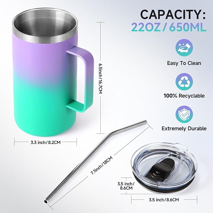 Volhoply 22oz Insulated Stainless Steel Coffee Mugs with Leakproof Lid Bulk 2 Pack,Double Wall Vacuum Travel Coffee Cup with Handle,Reusable Metal Tumbler,Camping Mug Keep Hot&Cold(Purple Green,2)