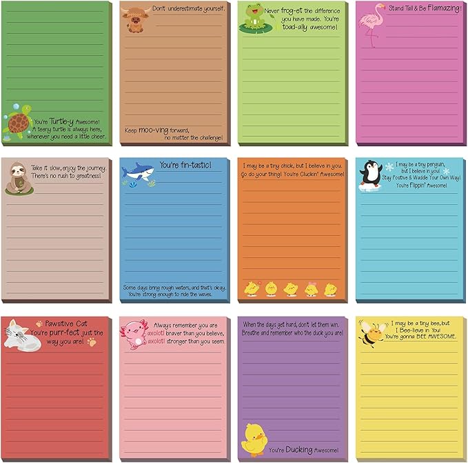 AmazingSpark 12 Pcs Cute Inspirational Sticky Notes, 4 * 3 Motivational Notepads Positive Emotional Support Gift Funny Lined Memo Note Pads for Office Desk Supplies Coworker Employee(Animals)
