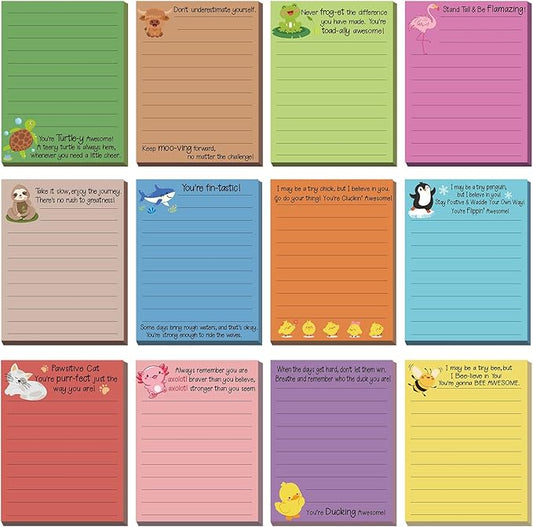 AmazingSpark 12 Pcs Cute Inspirational Sticky Notes, 4 * 3 Motivational Notepads Positive Emotional Support Gift Funny Lined Memo Note Pads for Office Desk Supplies Coworker Employee(Animals)