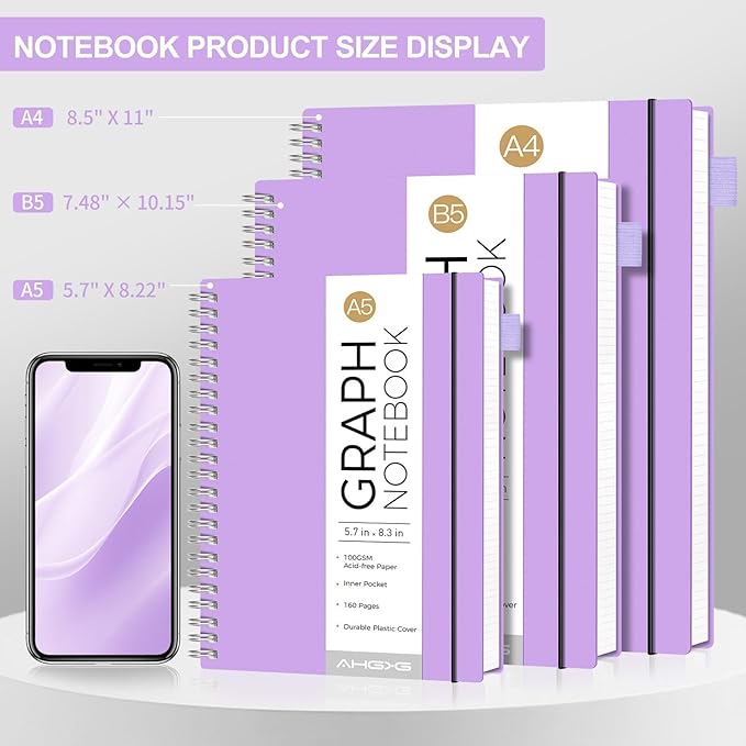 AHGXG Graph Paper Notebook - Spiral Notebook 8.5" x 11", A4 Large Graph Notebook, 100 gsm Thick Grid Paper, Waterproof Plastic Cover Journals for School Writing Engineering Math, Purple