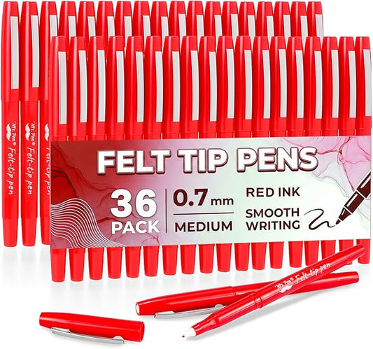 Mr. Pen- Felt Tip Pens, 36 Pack, 0.7 mm, Red Felt Tip Pens Bulk, Fast Dry, No Smear, Planner Markers for Underlining, Writing, Drawing, Journaling Supplies