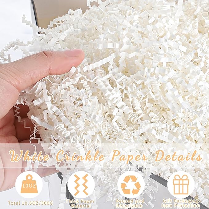 woric 10.58oz/300g Crinkle Cut Paper Shred Filler, White Shredded Paper for Mother's Day Baskets Boxes Gift Bags Wedding Birthday Holiday Party Decoration