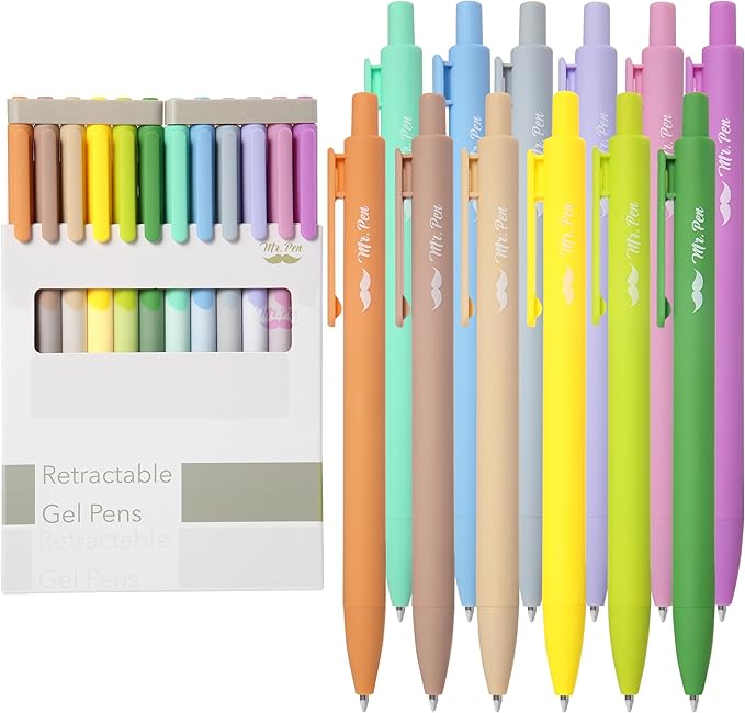 Mr. Pen- Retractable Gel Pens, 12 Pack, Vintage Ink, Fine Point 0.7mm, Fast Dry, Smooth Writing, Cute Pens for Drawing, Writing Planner and School Supplies