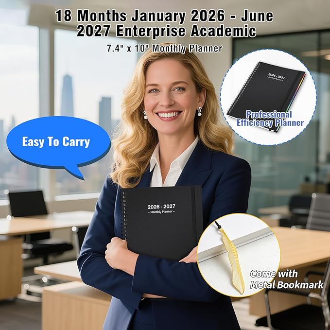 Monthly Planner 2026-2027(7.6'' x 10''), 18 Months Agenda Calendar Planner with Tabs & Pocket, Holidays, Note Pages, Time Management and Hit Your Goals, January 2026 - June 2027, 120GSM Thick Paper