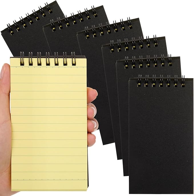 Tenceur 6 Pcs Pocket Notebook Small 3x5 Inch Black Cover Yellow Page Top Spiral Notepads Bound Notebook with Lined 120 Pages Mini Memo Pads for Office College Nurse Essentials Back to School Gift