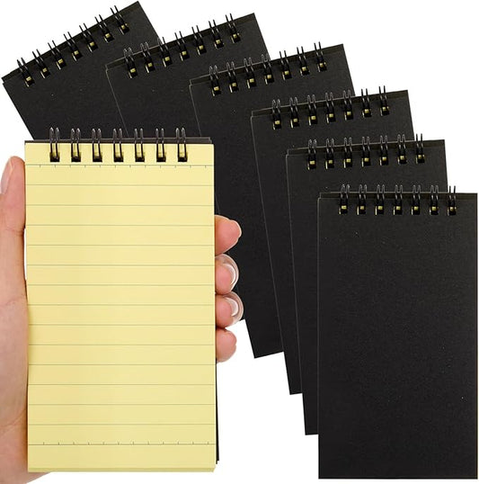 Tenceur 6 Pcs Pocket Notebook Small 3x5 Inch Black Cover Yellow Page Top Spiral Notepads Bound Notebook with Lined 120 Pages Mini Memo Pads for Office College Nurse Essentials Back to School Gift