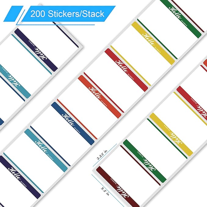 Sticky Name Tags Stickers Colorful Hello Border All Purpose Labels - 200 Stickers, Strong Adhesive (3.5 x 2.25 inch)