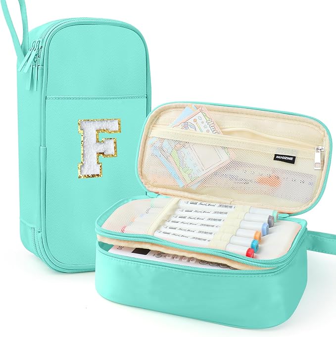 Large Pencil Case,Big Capacity Pencil Pouch,Personalized Initial Pencil Bag with smooth zipper,Multiple Pockets,Cute Aesthetic Stationery Pen Case Bag for Teen Girls College (Mint Green, F)