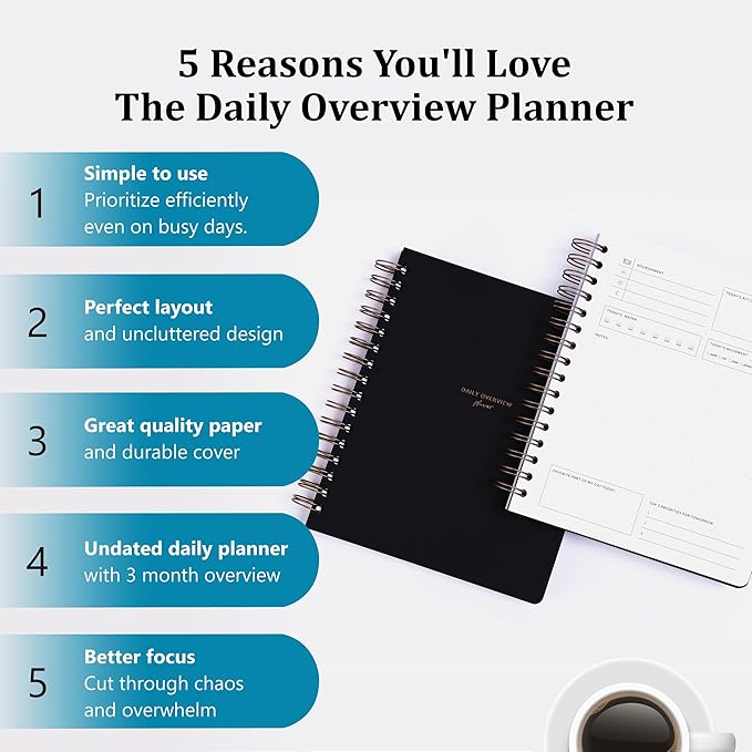 Undated Daily Overview Planner - 3-Month Productivity Journal to Increase Focus, Eliminate Overwhelm, and Achieve Your Goals - 8×8.8" Hard Cover Wire-bound Agenda Notepad