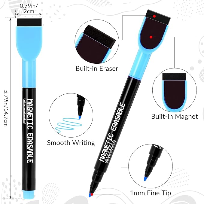 12 Pcs Magnetic Dry Erase Markers, Colorful Fine Tip Whiteboard Markers with Erasers, Thin Low Odor Dry Erase Marker Set for White Board Fridge Calendar Office Home