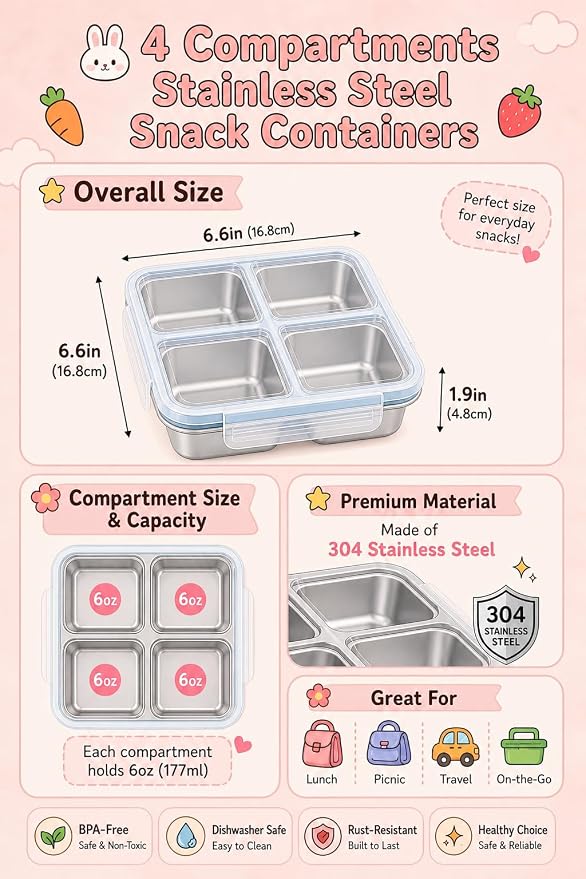 4 Pack Stainless Steel Snack Boxes, Leak-Proof, 4 Compartments, 24 Oz | Reusable, Easy Open, Food Storage & Meal Prep Containers, Dishwasher Safe, for Office, Travel, On-the-Go Snacking