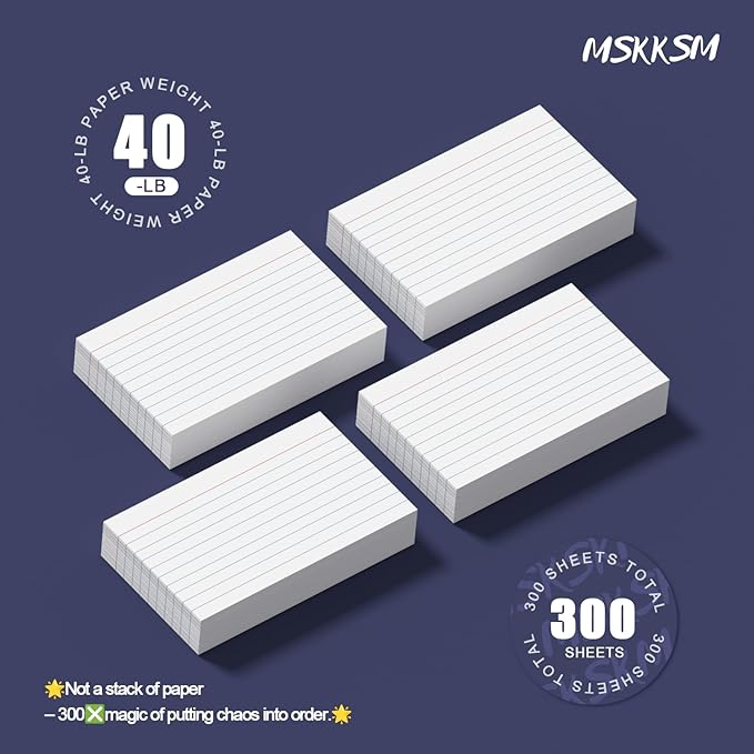 Index Cards 3x5 Inch - 300 Count Ruled Index Flash Cards for Studying, Lined Index Note Cards 3x5 Flashcards, Notecards 3 x 5 Lined Small Index Cards Ruled White 3x5 Cards for Office, School, Home