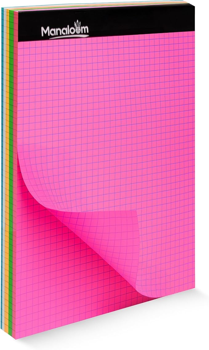 Graph Paper Pad 8.5 x 11 Inch - 3 Pack, 50 Sheets Each (150 Sheets Total) 4x4 Quad Ruled/Grid Notebook, 75 GSM Paper, 5 Colored Pages, Perforated Sheets - for Students,School, Math & STEM (Neon)